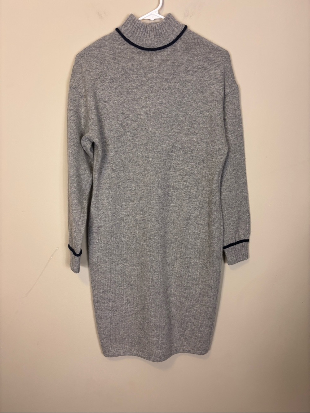 St. John Gray Wool Knit Mock Neck Sweater Dress with Blue Trim Small